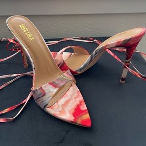 (NWOT) MISS LOLA - Red Multi-Colored, Lace Up Heels